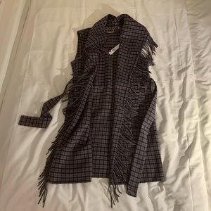 Elie Tahari Oxford Belted Fringed Plaid Vest